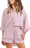 Women's Summer 2 Piece Stripe Set - Lightweight Button Down & Shorts
