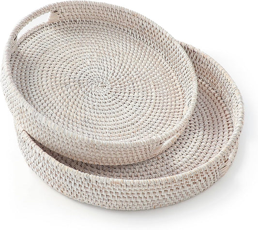 Hand-Woven Round Rattan Serving Tray Set for Elegant Serving