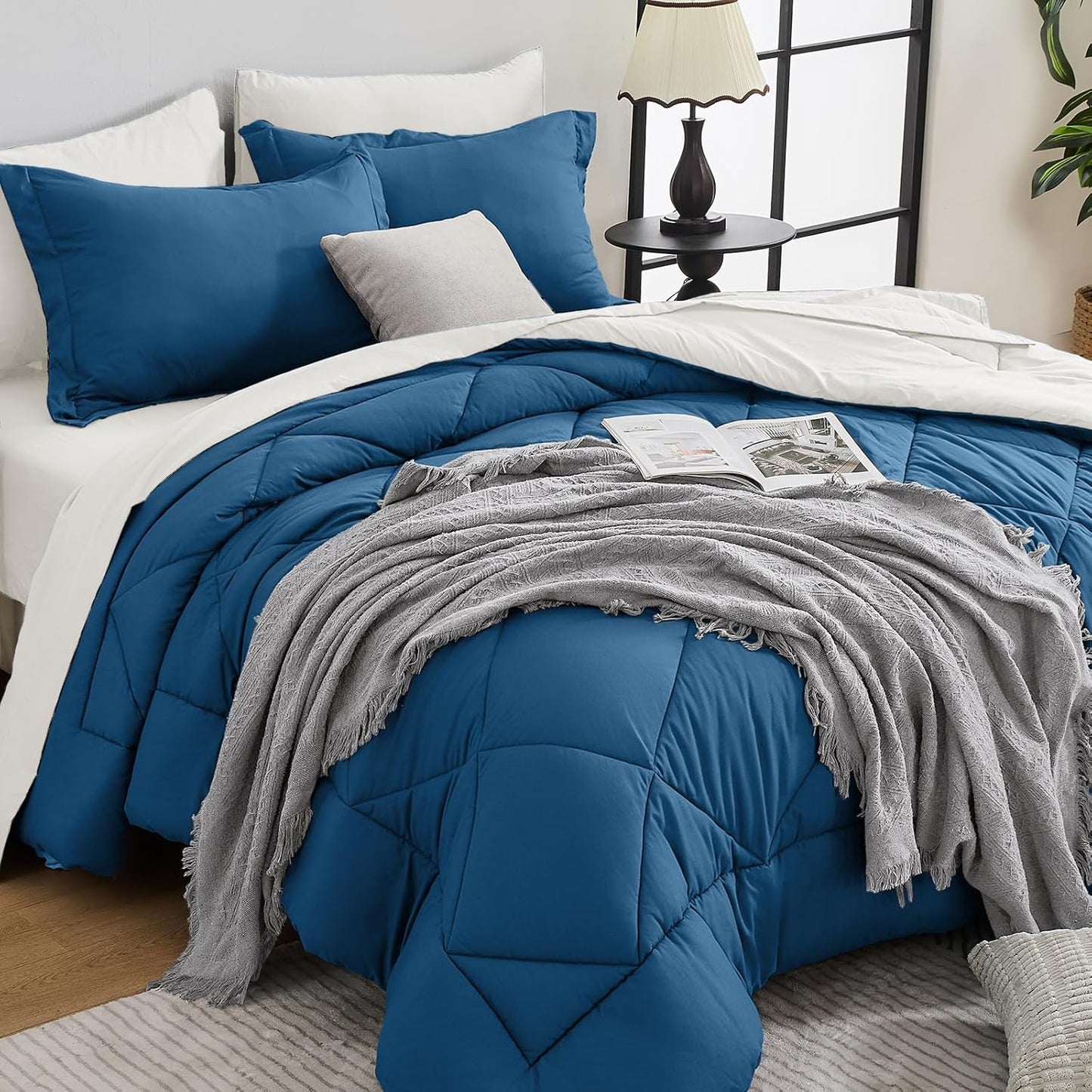 HEVUMYI Teal Blue & Ivory Queen Comforter Set - 7-Piece Bedding