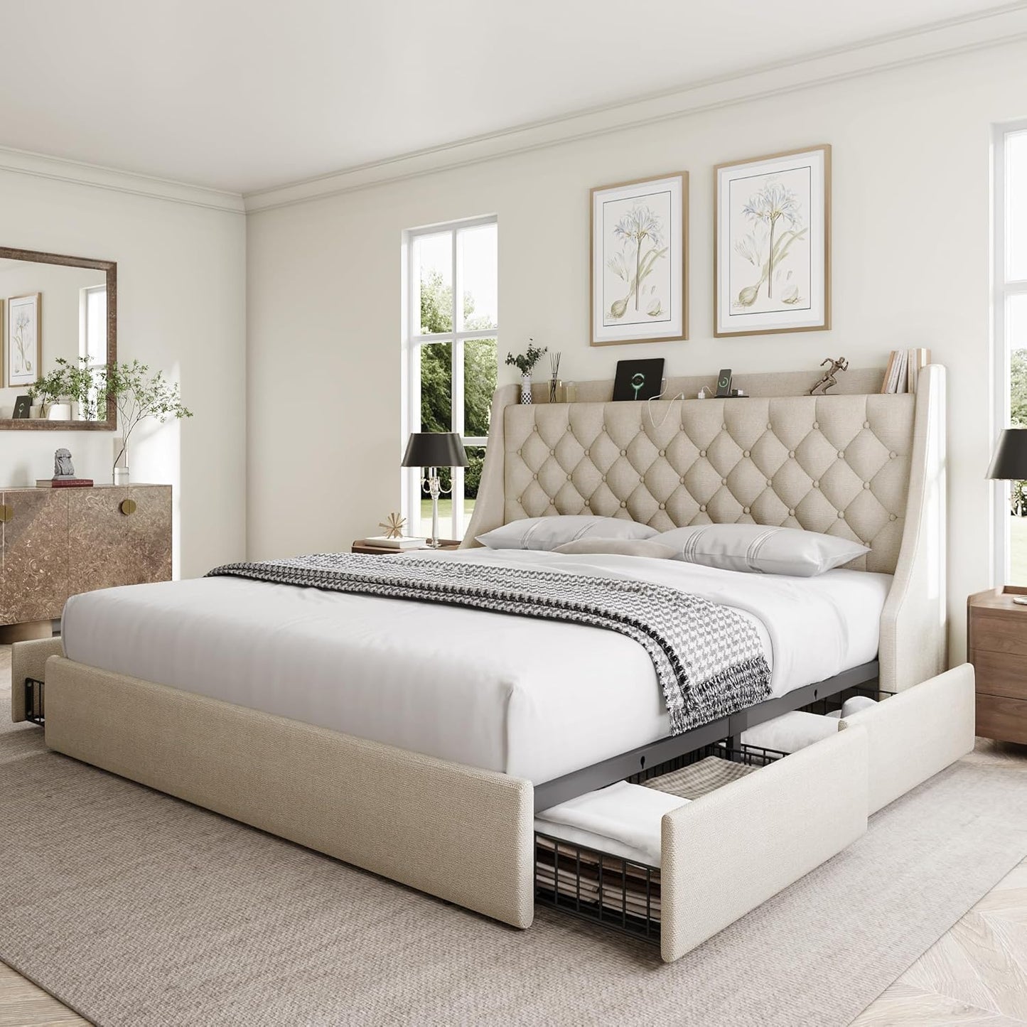 King Size Bed Frame with 4 Storage Drawers and Headboard