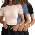 Ficerd 3 Pack Women's Ribbed T-Shirts - Soft Cotton Slim Fit Shoes