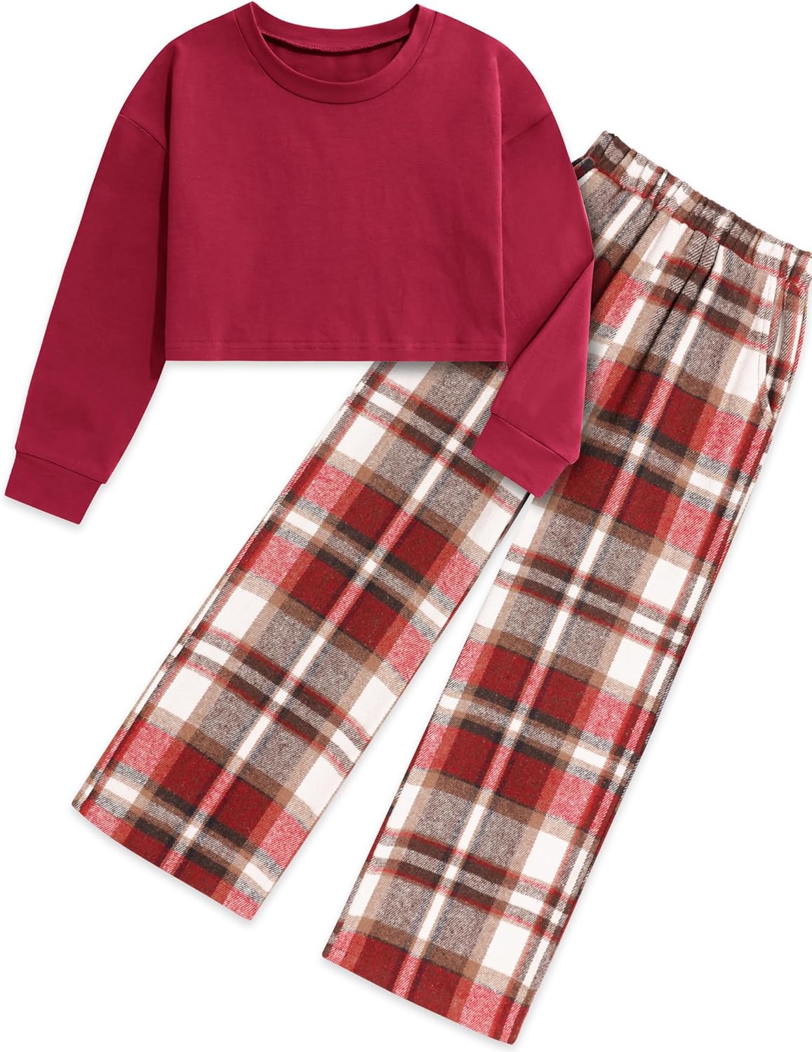 Girls Clothes Solid Long Sleeve Tops and Plaid Pants Set