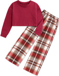 Girls Solid Long Sleeve Top & Plaid Wide Leg Pants Set - Comfortable 1