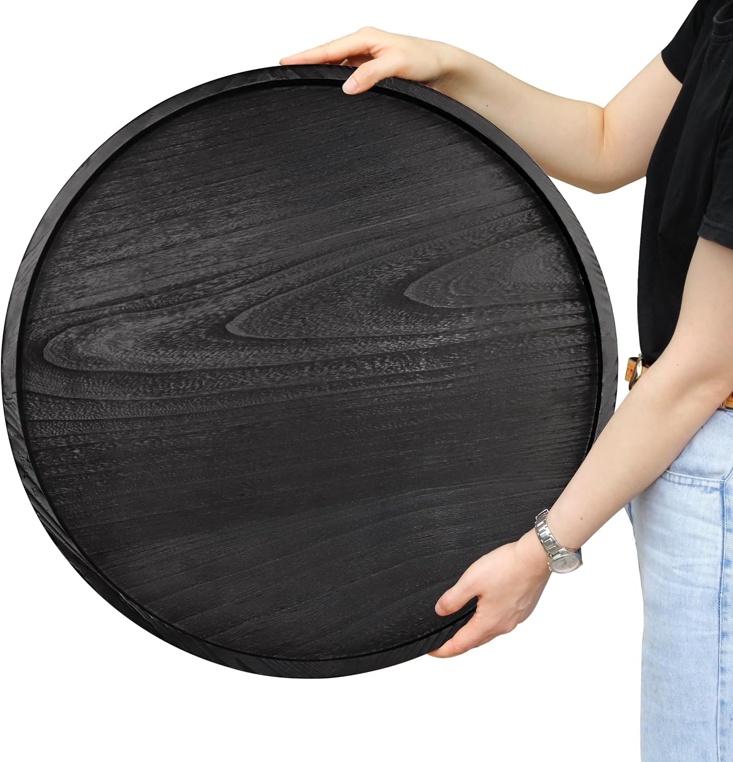 Round Ottoman Table Tray - Rustic Wooden Serving Tray for Home