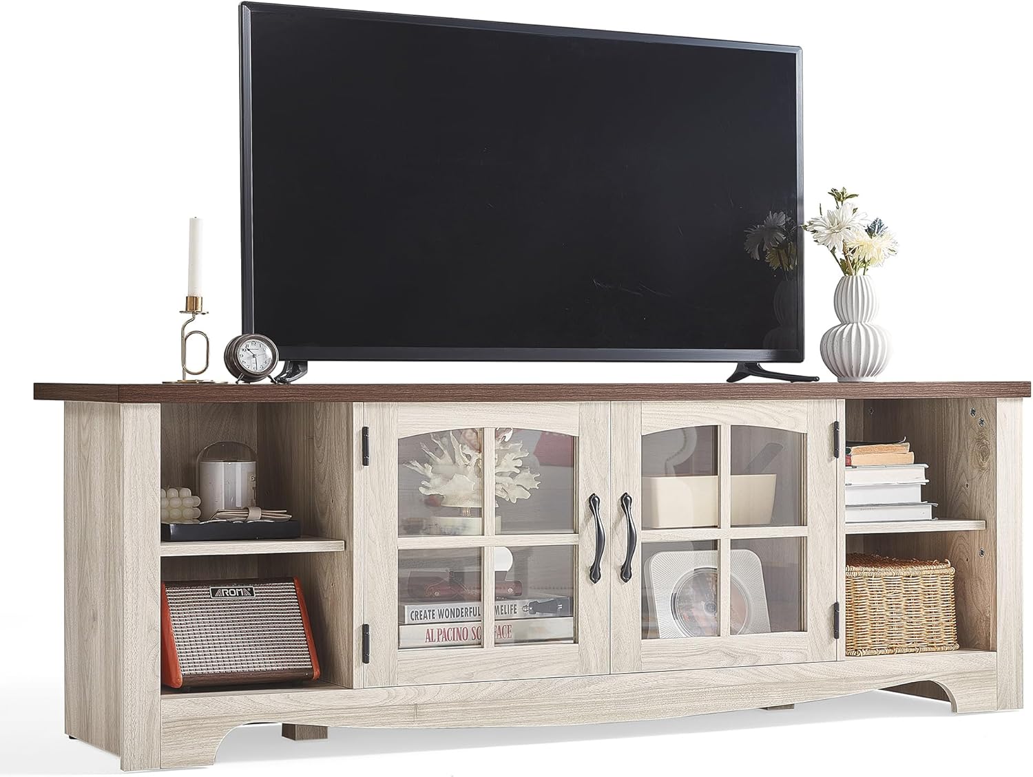 LINSY HOME TV Stand for 75 Inch TV - Modern Farmhouse Style