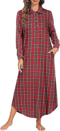 Women's Cotton Plaid Nightgown Long Sleeve Sleep Shirt - Warm Cotton