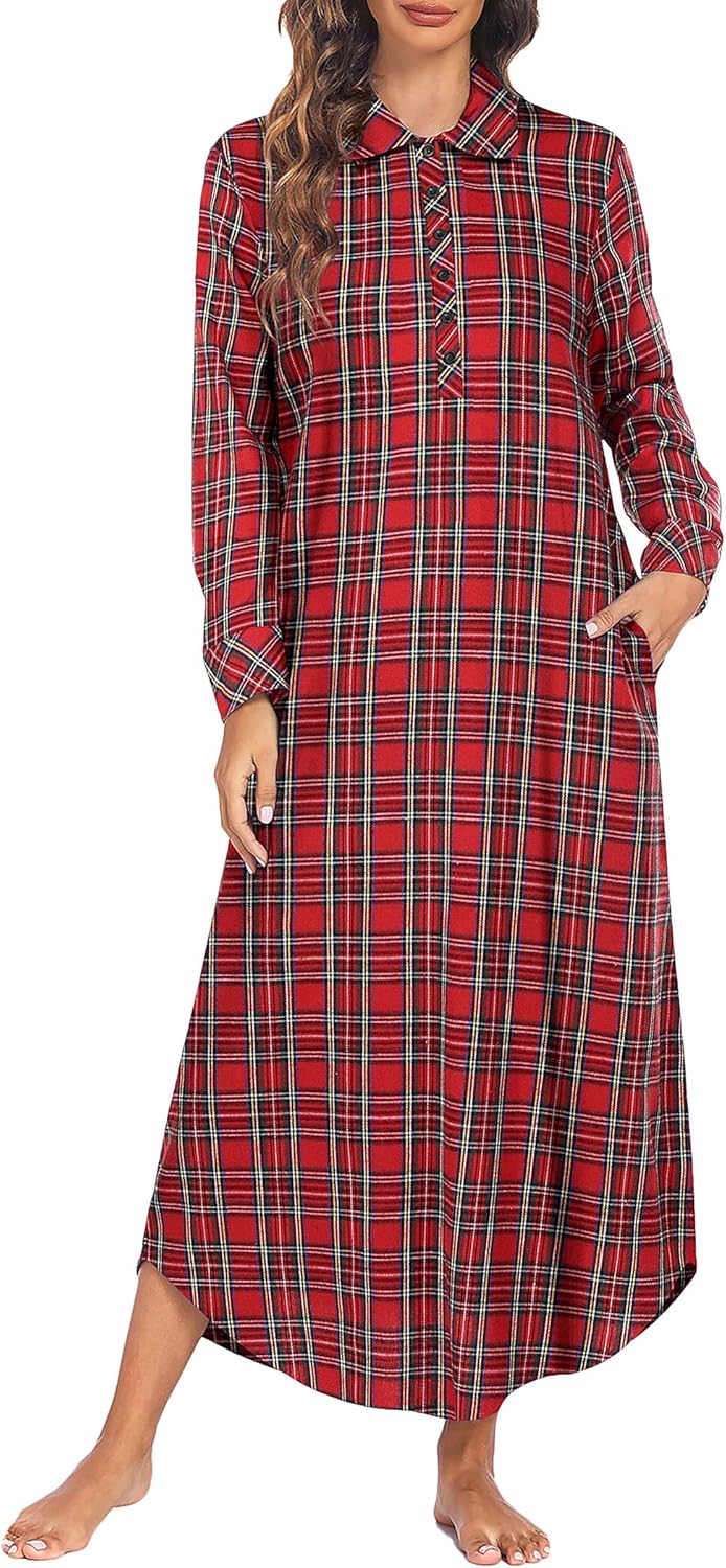 Ekouaer Women's Cotton Nightgown Long Sleeve Plaid Sleepwear