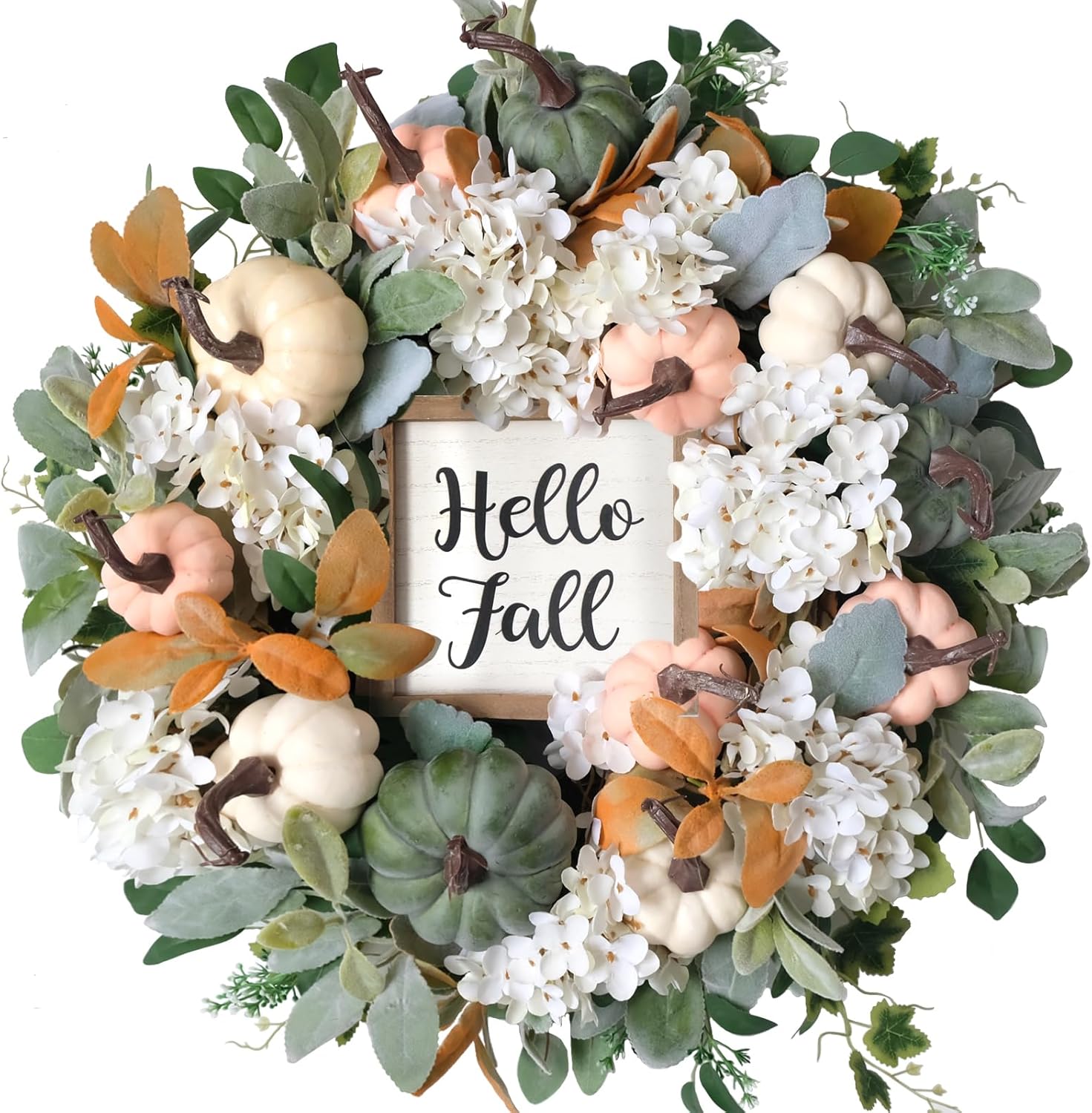 22 Inch Autumn Wreath with Pumpkin and Eucalyptus Leaves Decor