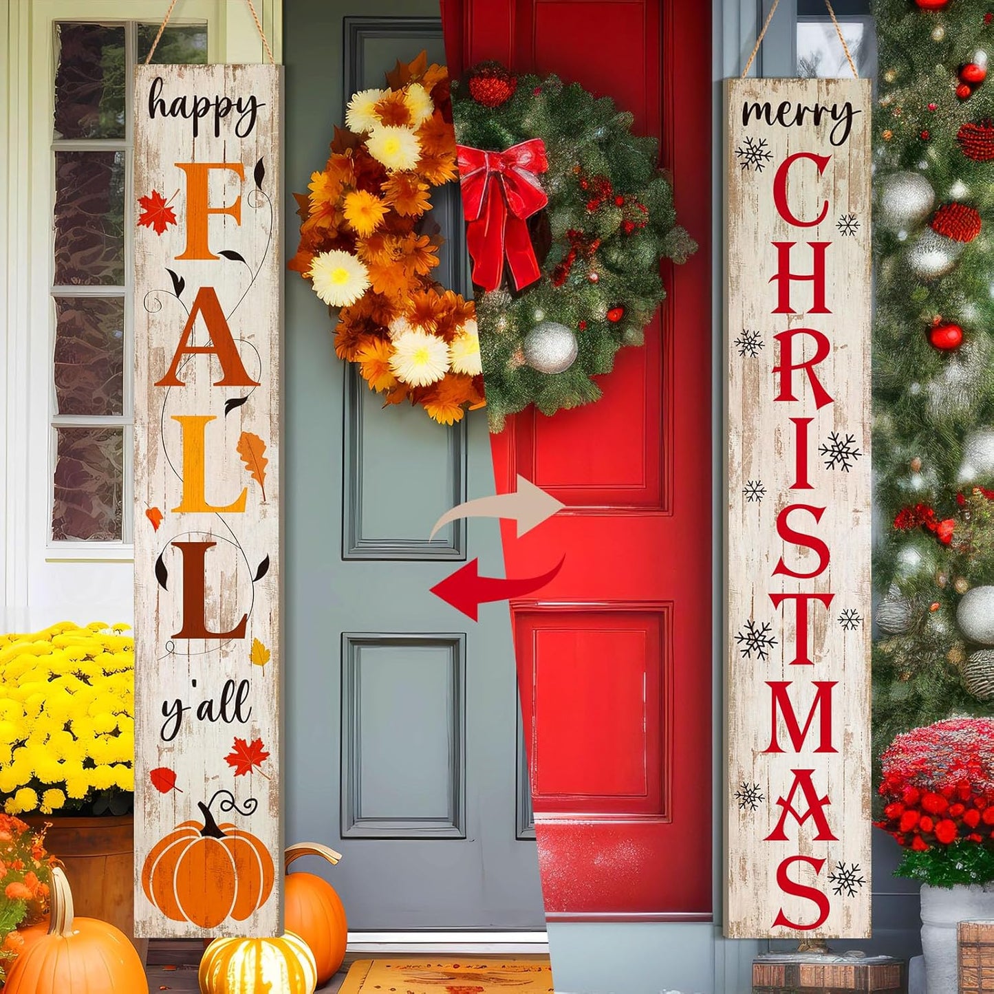 Fall Christmas Porch Sign 47.2in Two Sided Wooden Decor
