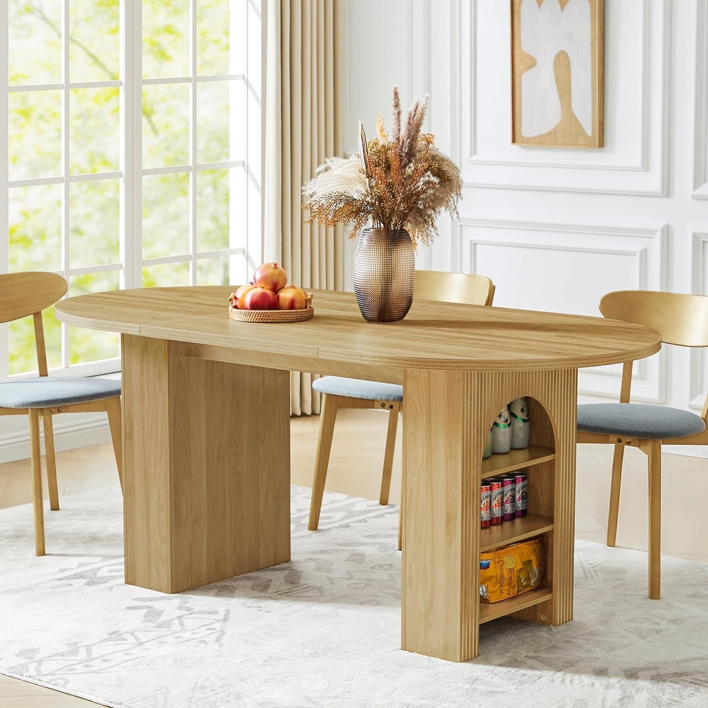 70.8 Oval Dining Table with Dual Side Storage Shelves for 4-6