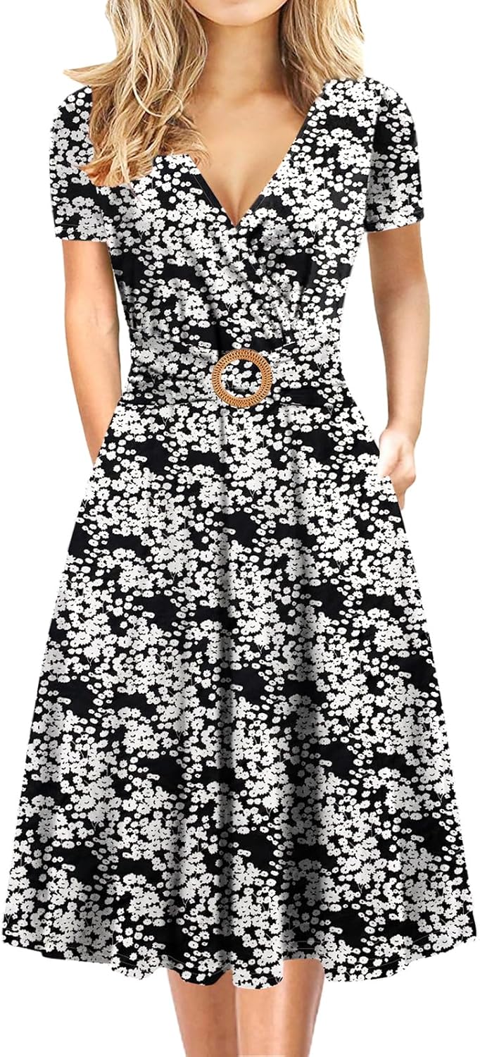 Elegant Criss-Cross V Neck Vintage Dress with Pockets for Women