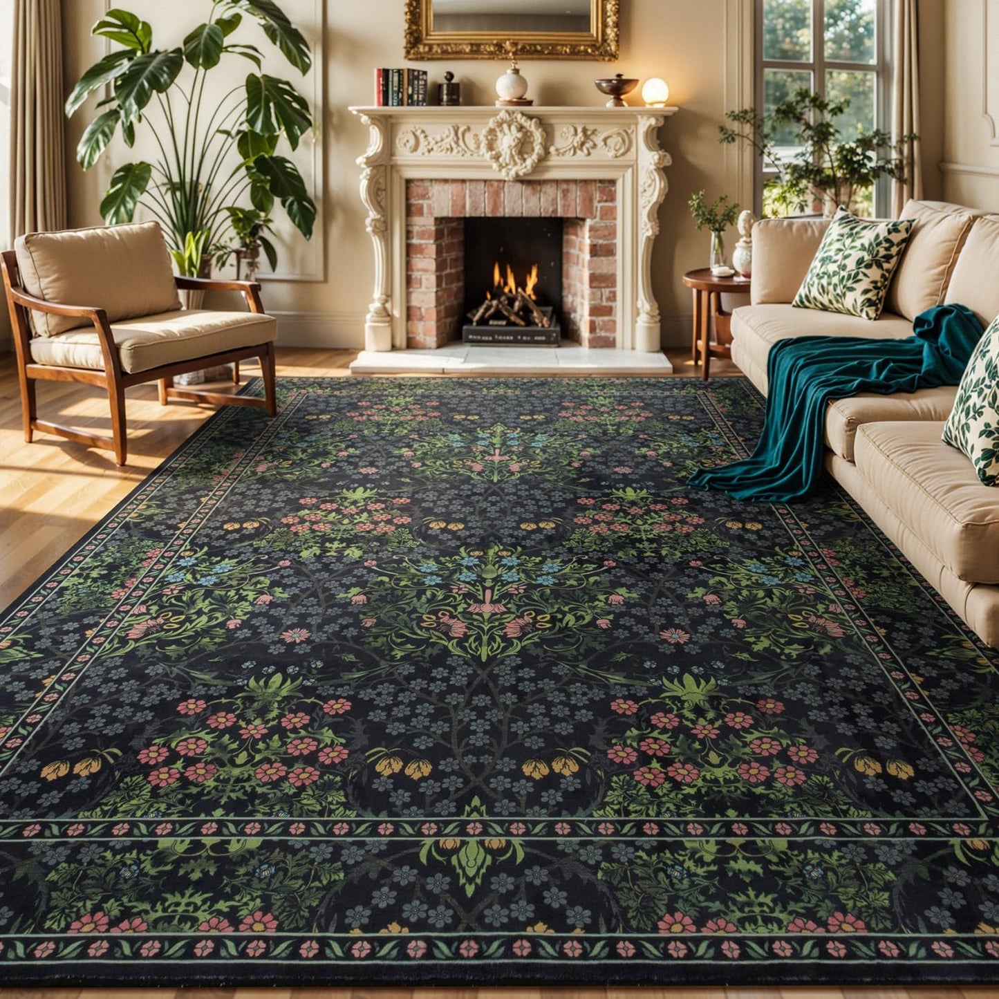 Lessymo Floral Black Green Washable Rugs 8x10 for Home