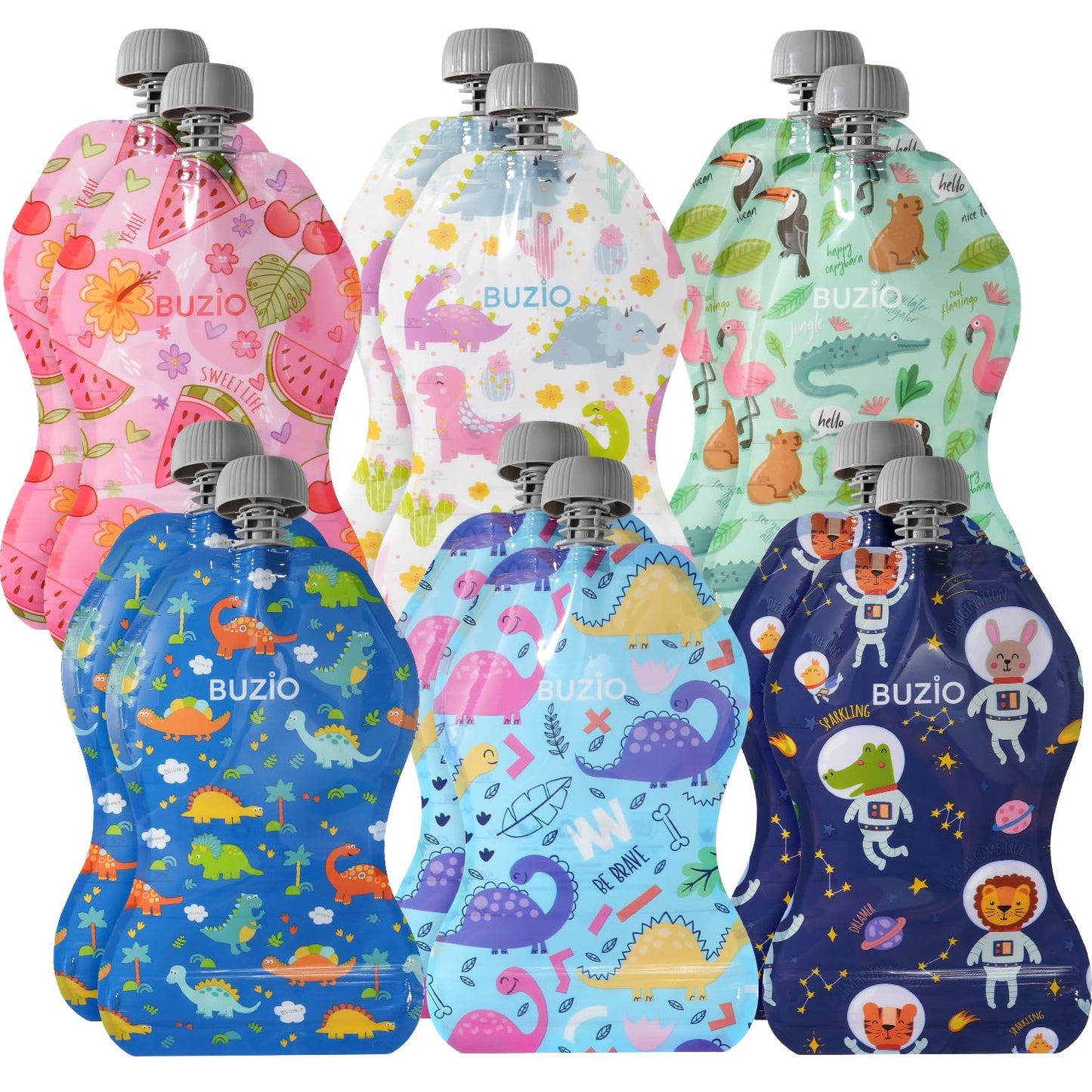 BUZIO 12-Pack Reusable Toddler Food Pouches - BPA-Free, Double Zipper, Organic Snacks