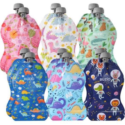 BUZIO 12-Pack Reusable Toddler Food Pouches - BPA-Free, Double Zipper, Organic Snacks