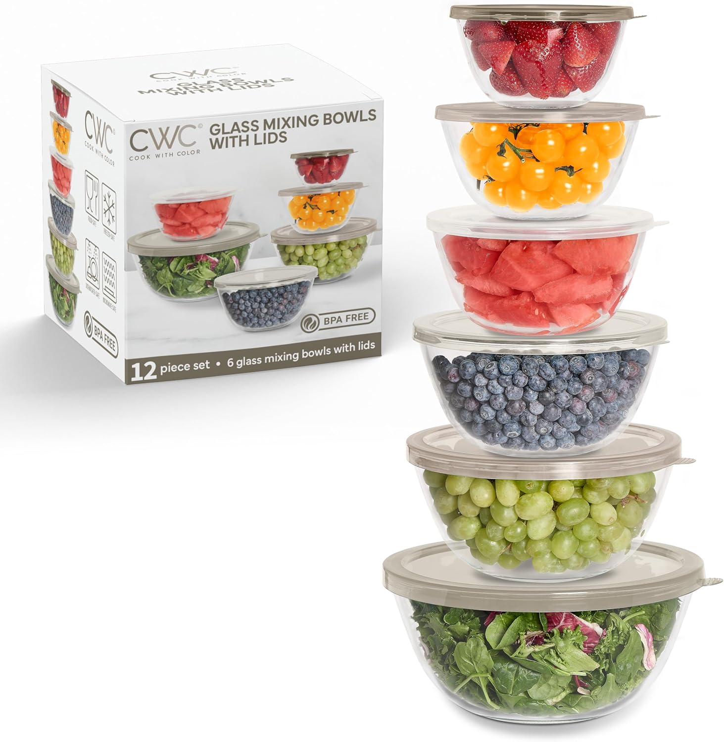 12 Pc Glass Mixing Bowl Set with Lids for Cooking and Baking