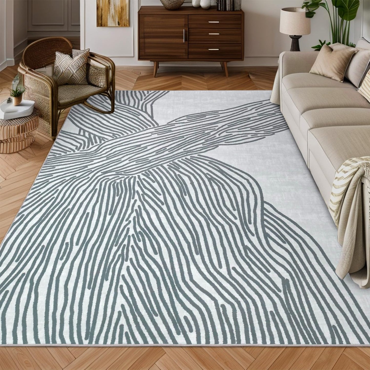 YIHOUSE Grey Rug for Living Room - Modern Abstract Design
