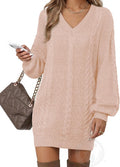Women's Pullovers Knit Mini Sweater Dress Lantern Sleeve V Neck