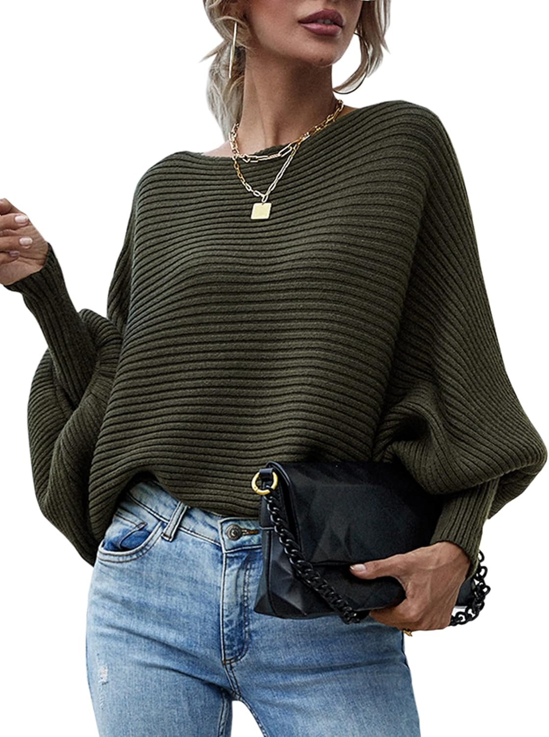 ECOWISH Women Sweater Long Sleeve Color Block Knit Pullover