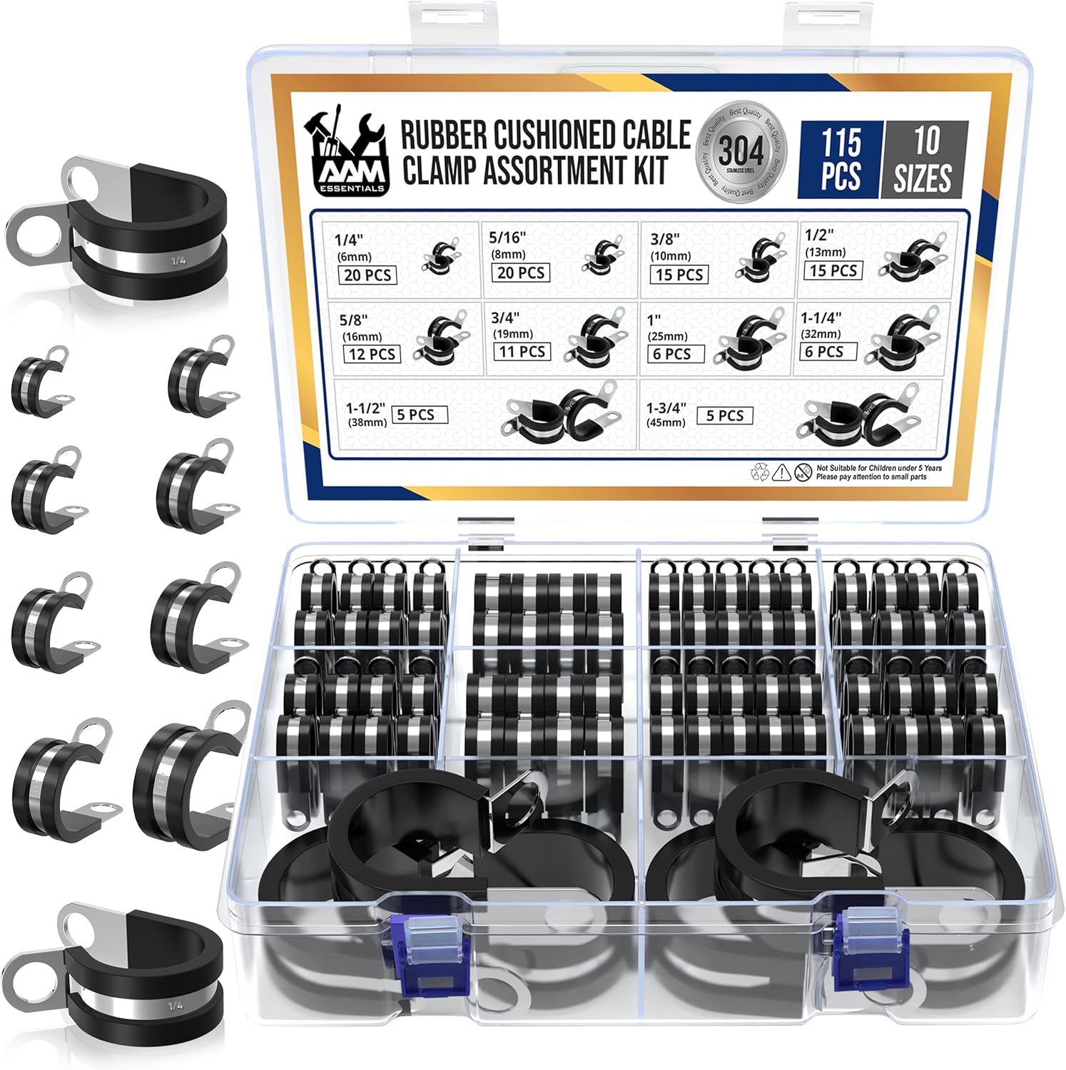 115 pcs Stainless Steel Cable Clamps with Rubber Cushion Assortment