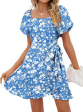 Womens Summer Dress Square Neck Puff Sleeve Tie Waist - Lightweight