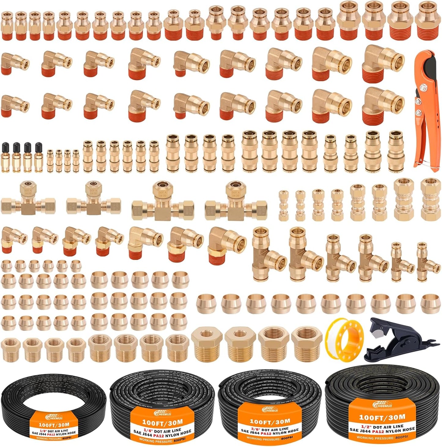 CheeMuii 156 PCS Brass DOT Air Line Fittings Kit for Pneumatics
