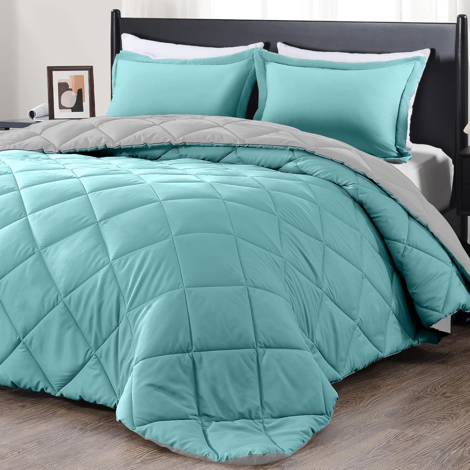 Downluxe Twin Comforter Set - Soft Turquoise and Grey Bedding