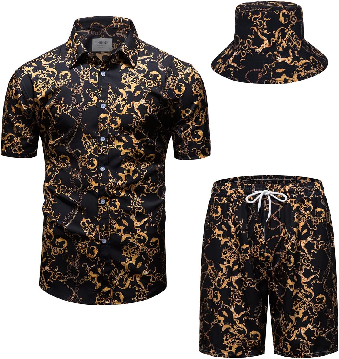 Mens Luxury Outfit Set Black Gold Baroque Tracksuit with Hat