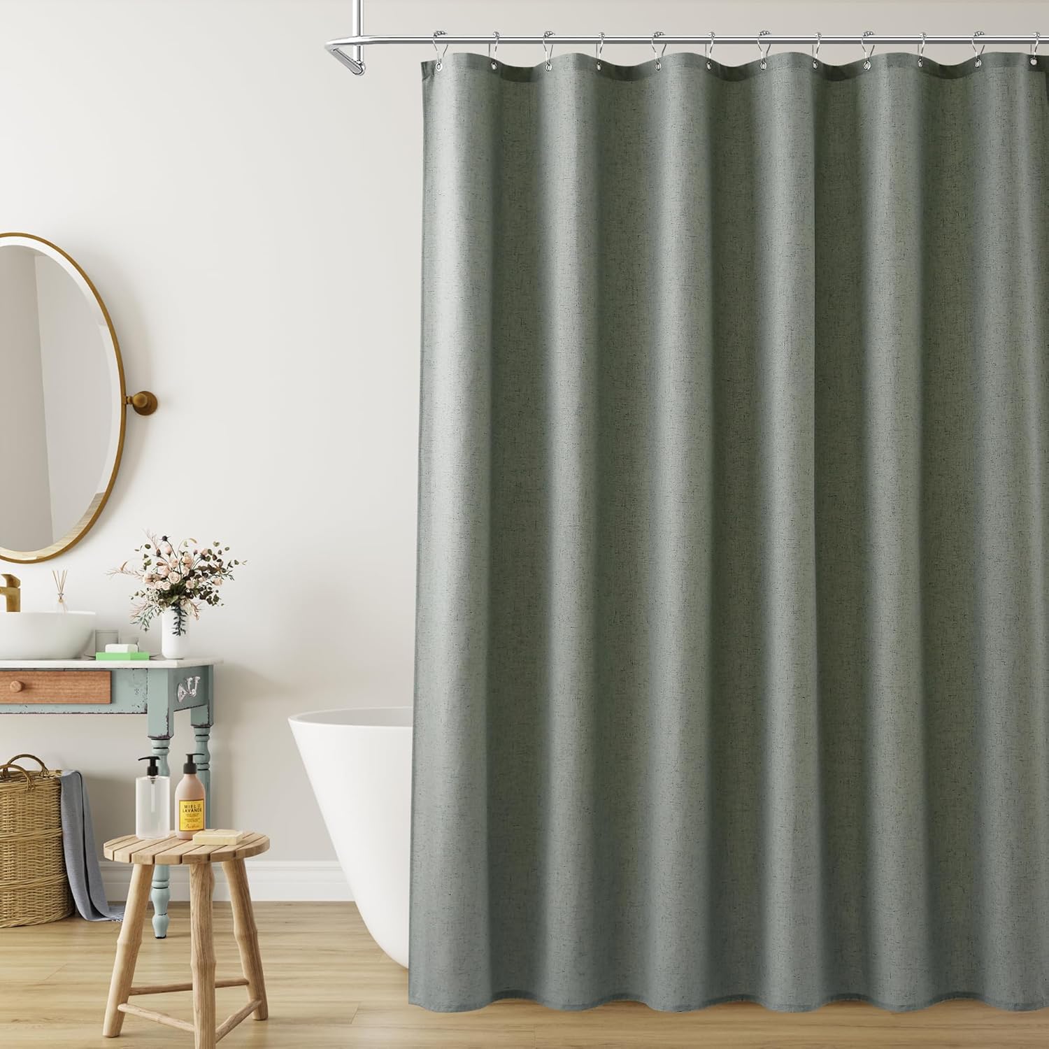 Naturoom Desert Sage Linen Shower Curtain for Boho Farmhouse Decor