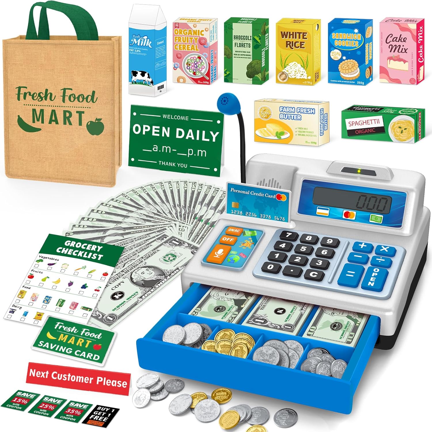 Calculator Cash Register Toy for Kids Age 3-8 with 120 Pcs Set
