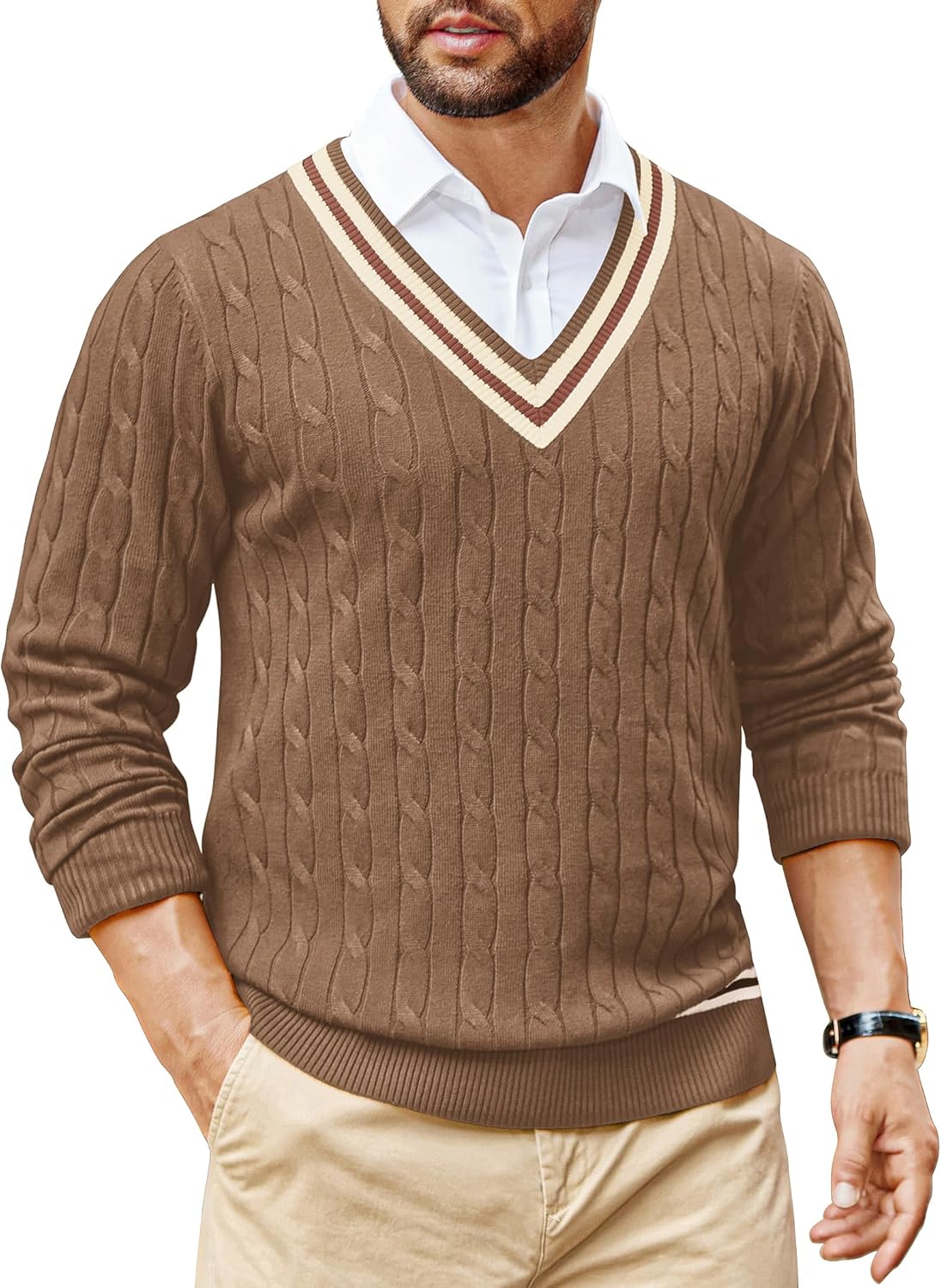 COOFANDY Mens V Neck Sweater for Fall Winter Preppy Style