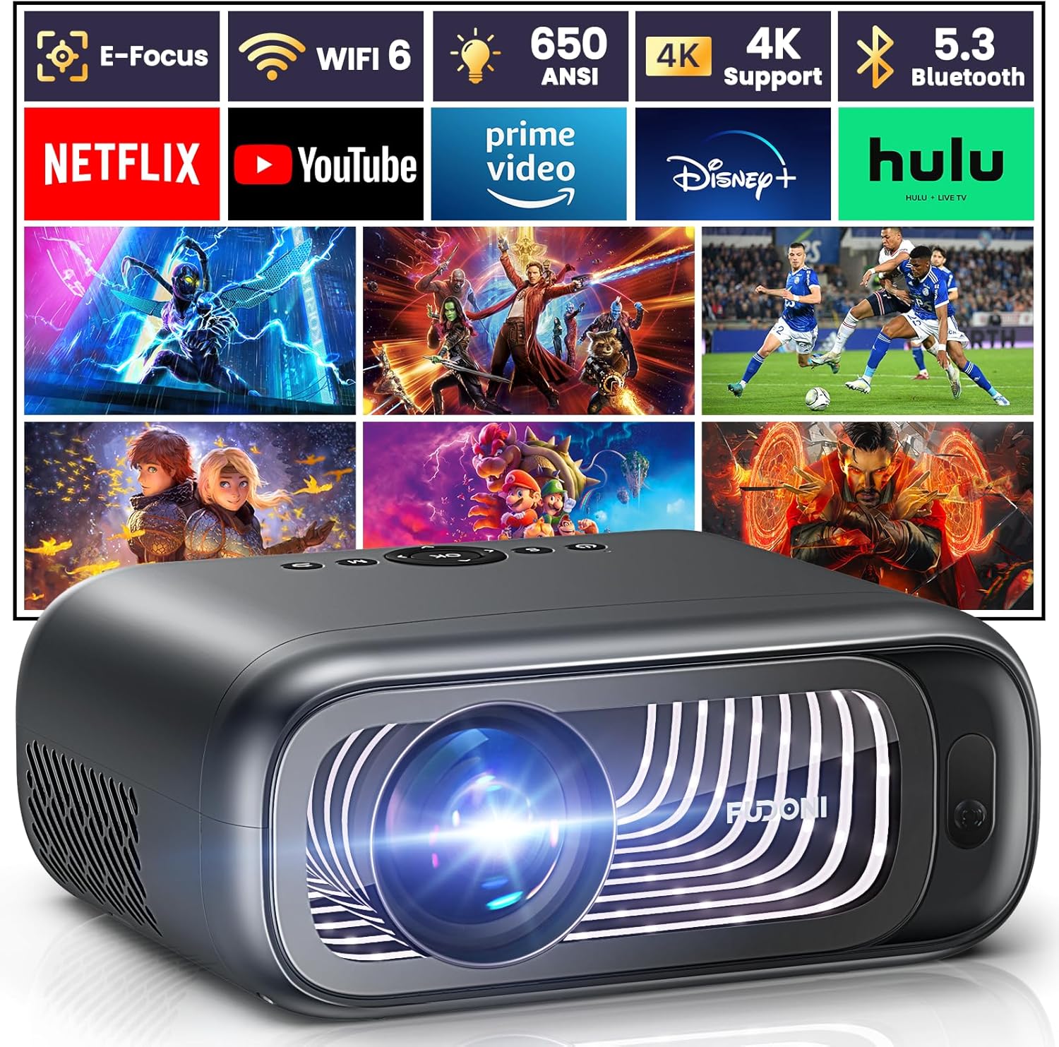 Wireless 1080P 4K FUDONI Projector - 300'' Display