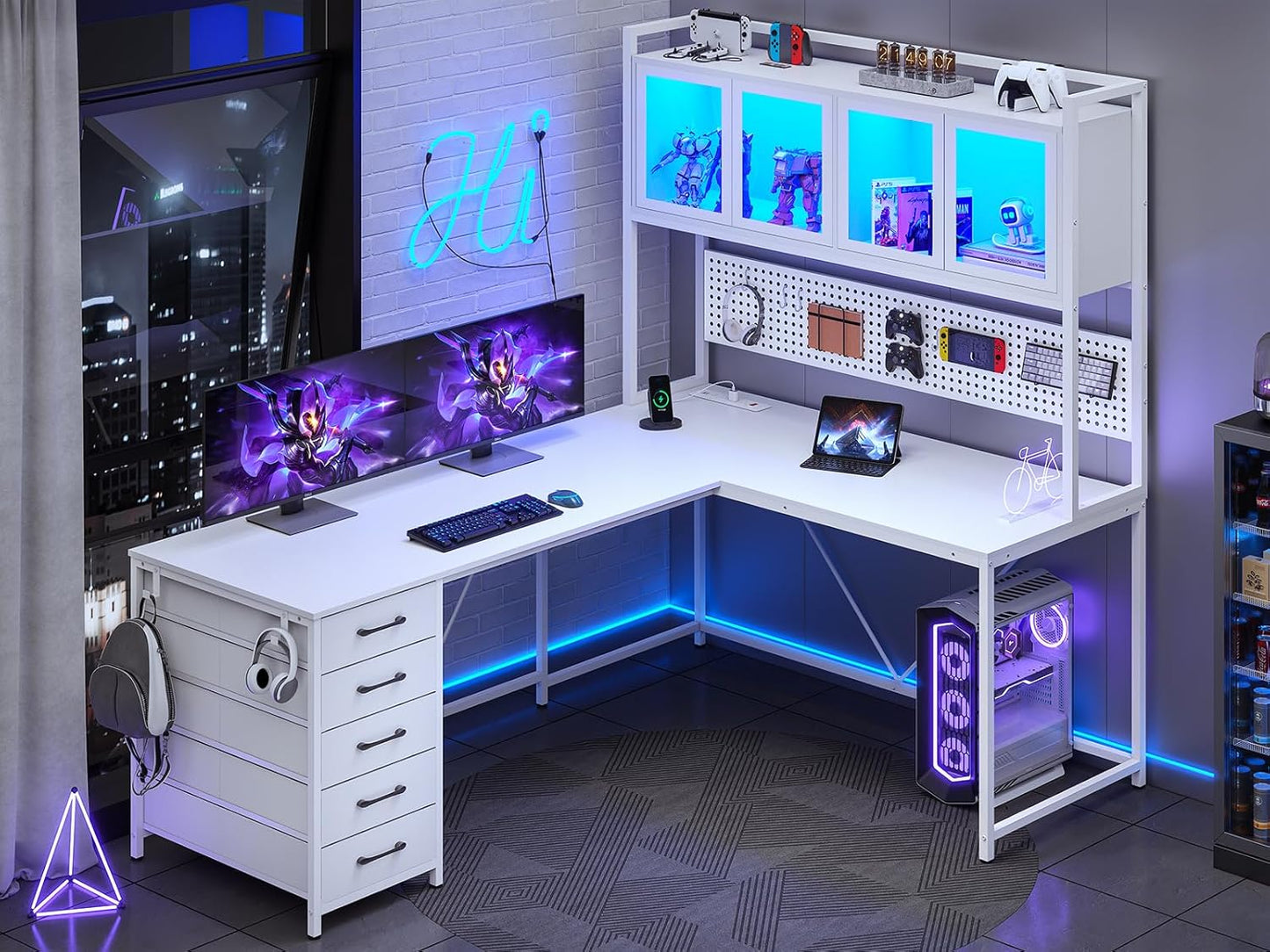 SEDETA L Shaped Gaming Desk with Drawers and LED Lights
