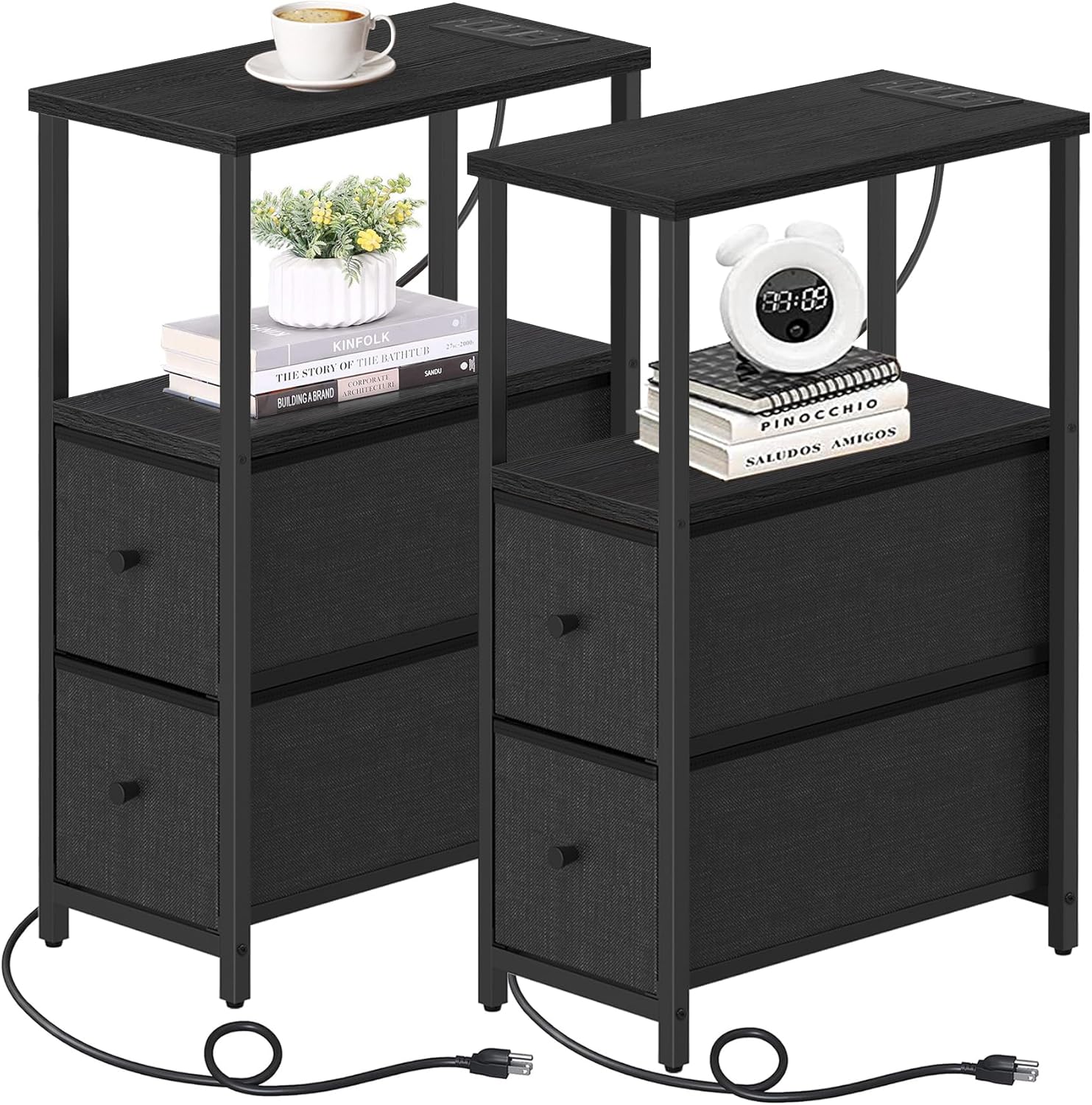 Small Narrow End Table with Charging Station and Drawers