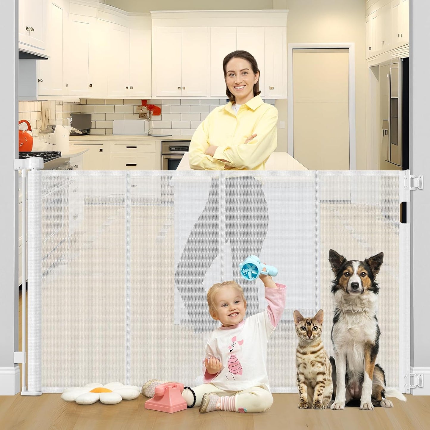 Reinforced 42 Inch Tall Retractable Baby Gate for Pets and Kids