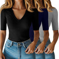 Riyiper Women's Half Sleeve Ribbed Cotton V Neck Tee - Slim Fit adapts
