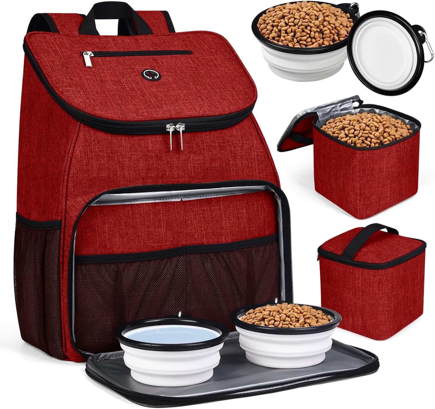 Dog Travel Backpack with Collapsible Bowls and Food Baskets