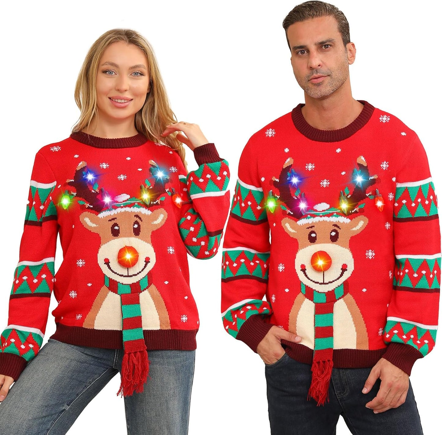 Light Up Christmas Sweater for Couples with Funny Reindeer Design