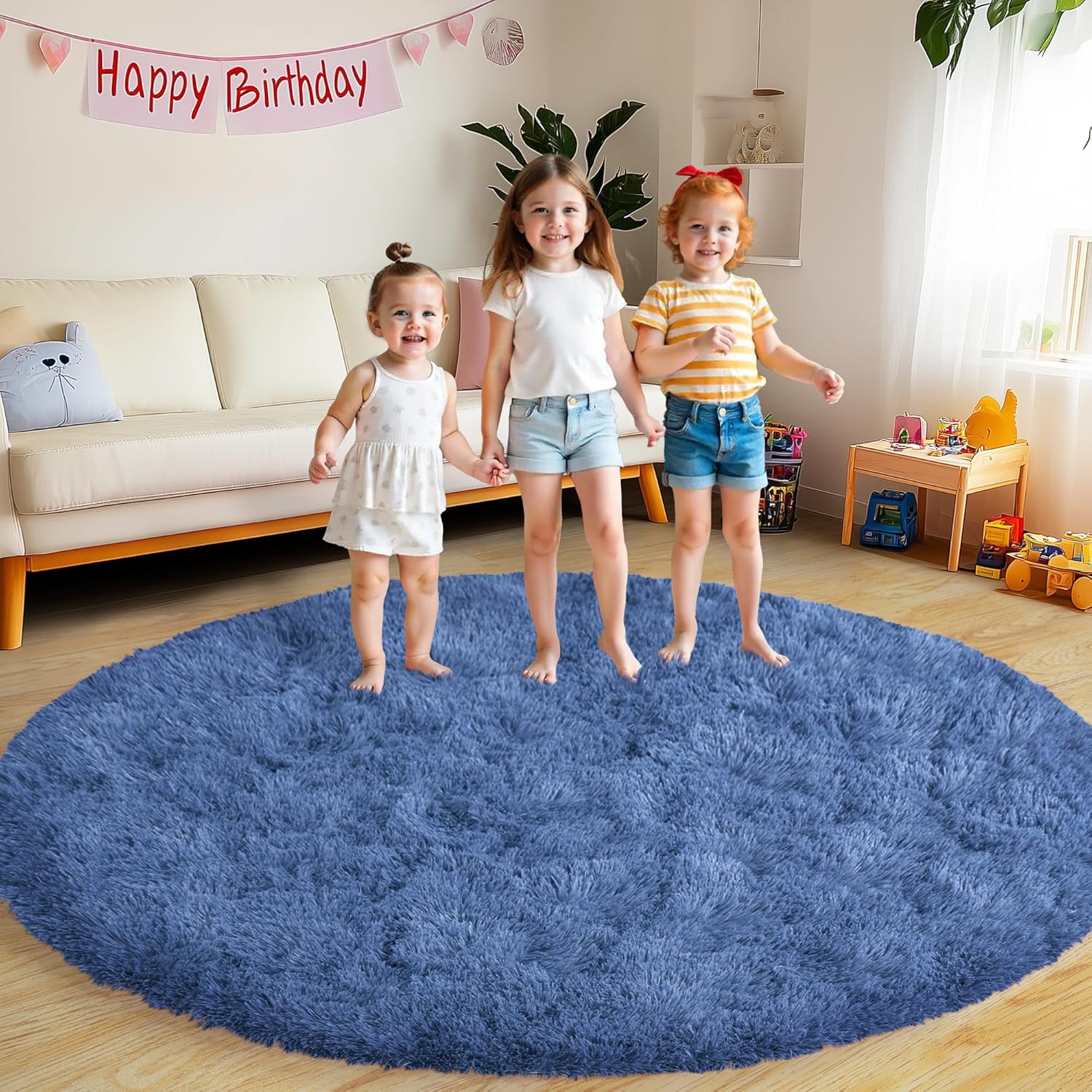Round Fluffy 6Ft Navy Blue Shag Circle Rug for Kids Rooms