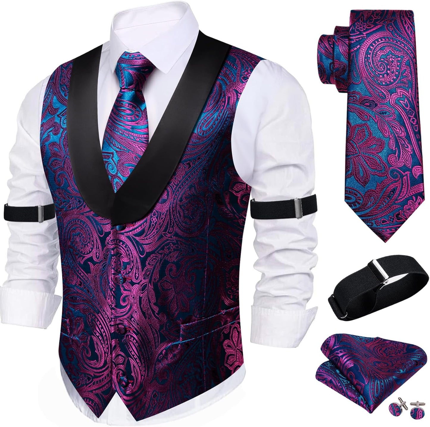 Stylish Mens Silk Lapel Vest Tie Sleeve Holder Set for Weddings