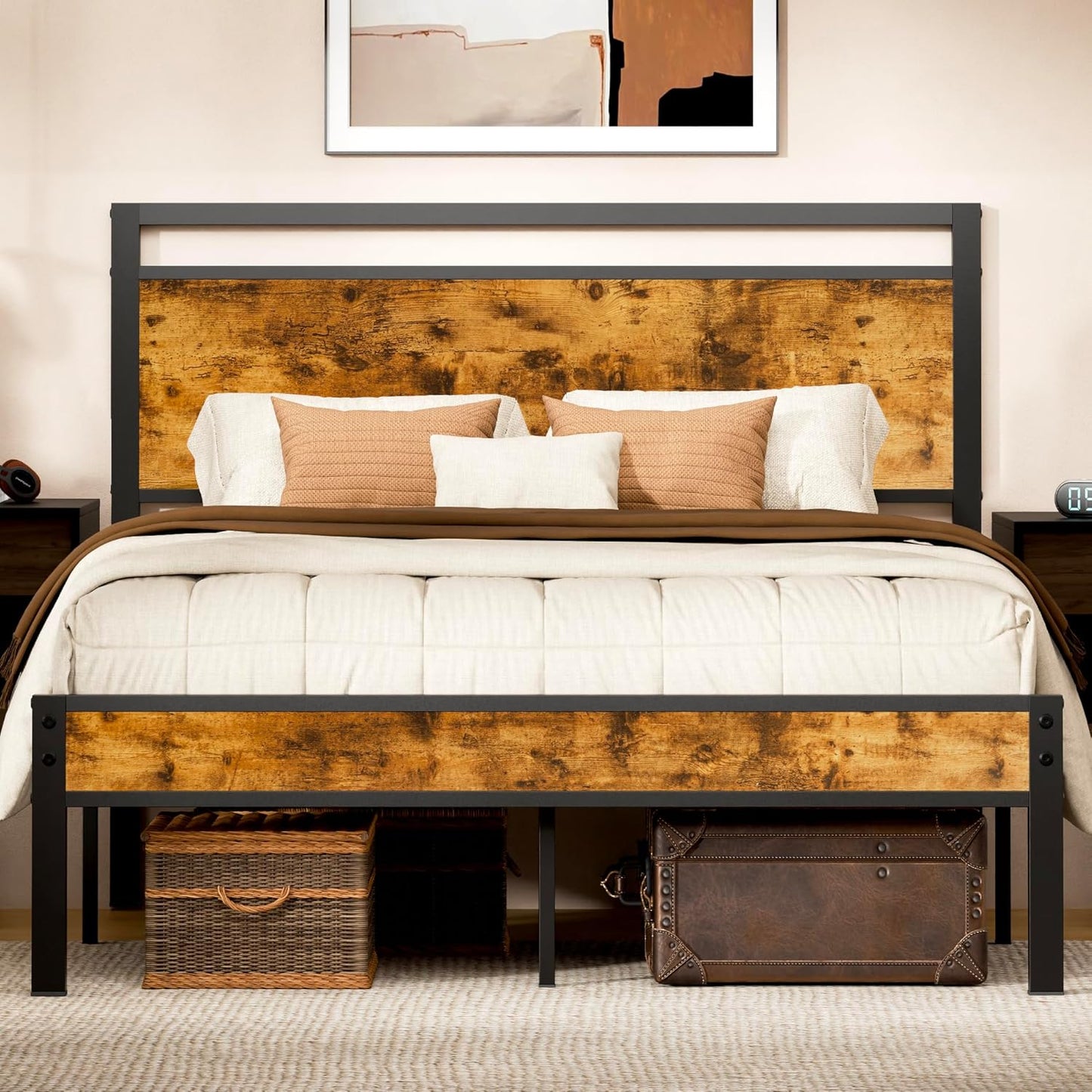 Z-hom Upgraded Full Size Bed Frame with Modern Wood Headboard