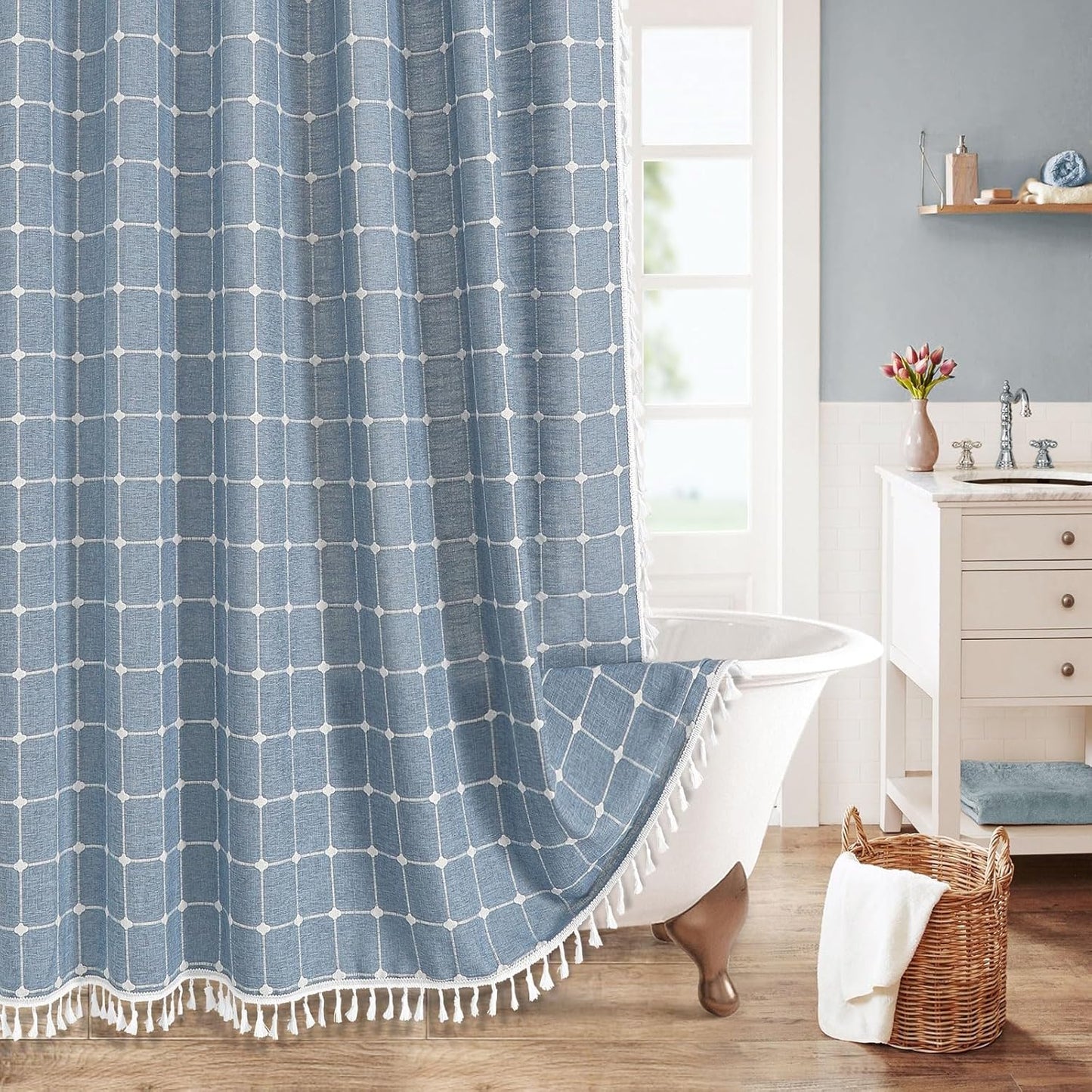 MitoVilla Blue Boho Extra Long Shower Curtain for Modern Decor