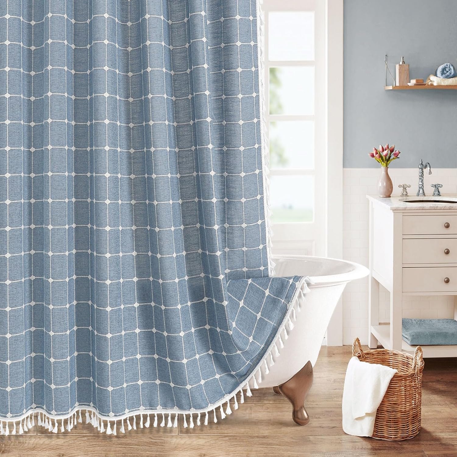 MitoVilla Blue Boho Extra Long Shower Curtain for Modern Decor