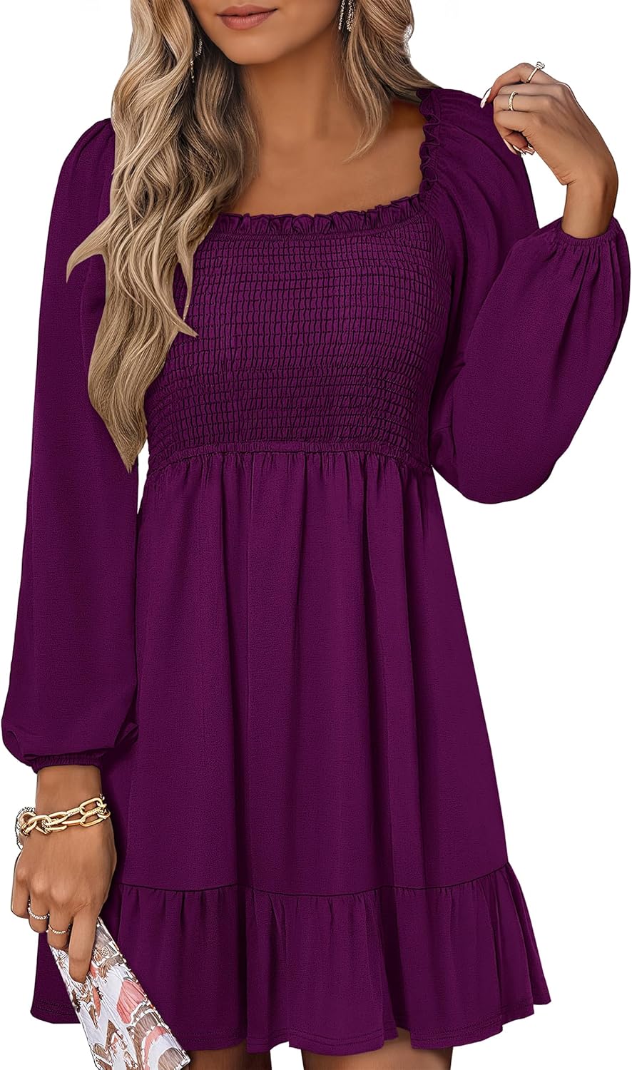 Womens Long Lantern Sleeve Square Neck Dress for Fall Style
