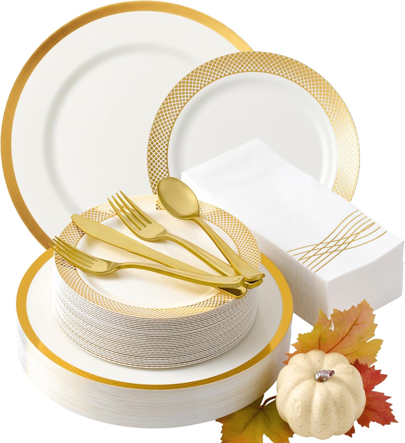 EXTRA HEAVYWEIGHT 175 Pc White and Gold Plastic Plates Set