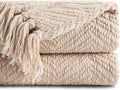 Beige Throw Blanket for Couch 60 x 80 in - Cozy Knitted Chenille Throw