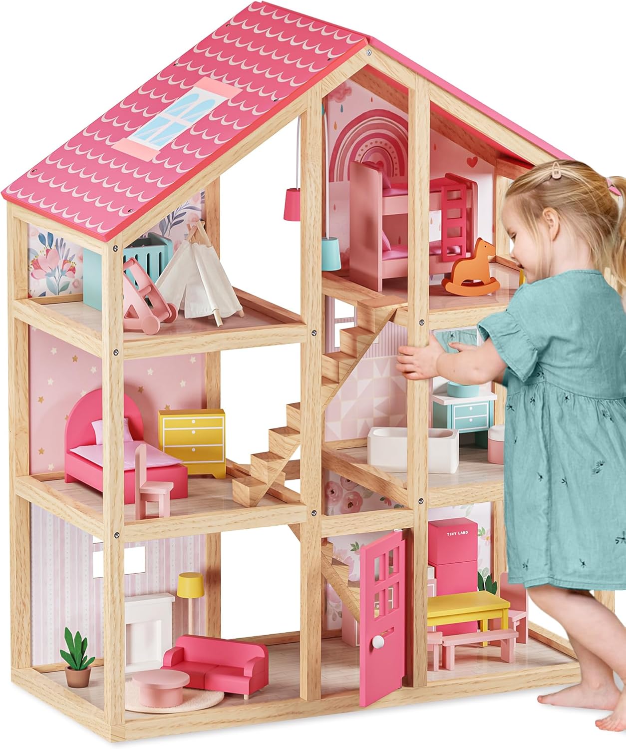 Tiny Land Wooden Dollhouse for Girls - 6 Rooms of Fun