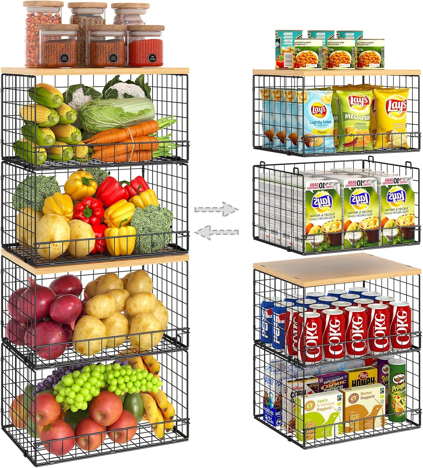 4 Pack Stackable Wire Baskets for Pantry Organizers and Storage