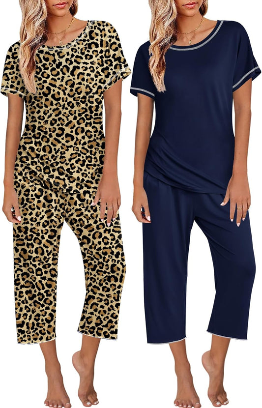 Ekouaer 2 Pack Womens Pajamas Short Sleeve Sleepwear Set