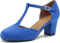 Womens T Strap Mary Jane Chunky Block Heel Pumps - Royal Blue