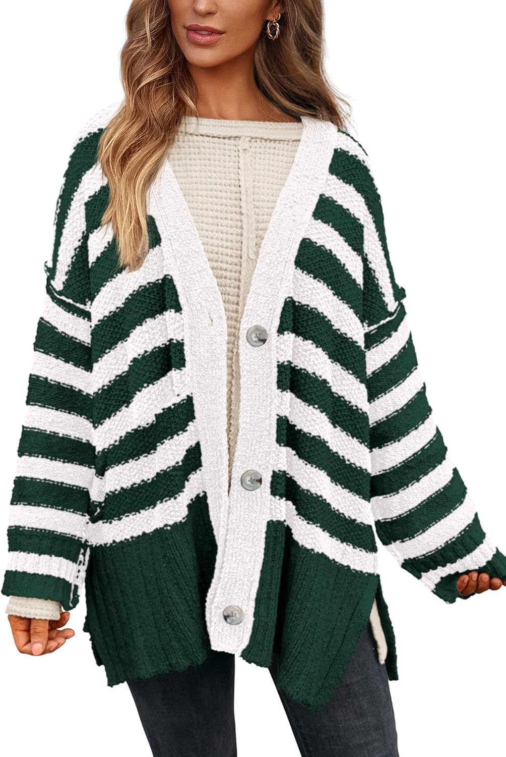 PRETTYGARDEN Women's Winter Striped Cardigan for Cozy Style
